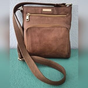 Estalon Brown Genuine Leather Crossbody Bag Multi Zip Adjustable Strap